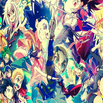 Personagens de anime coloridos num desenho vibrante com diversas expressões e roupas