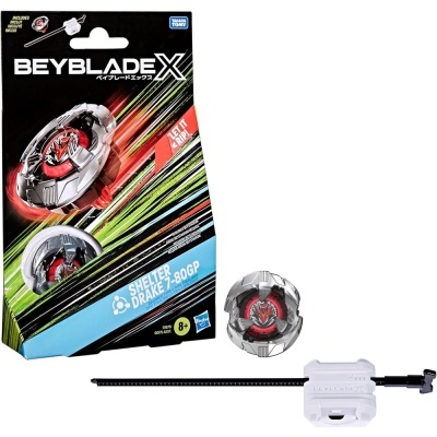 Beyblade X Shelter Drake 7-80GP toy with spinning top and ripcord launcher in colorful packaging