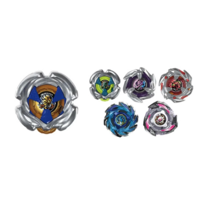 Six colorful metallic spinning top toys on a white background