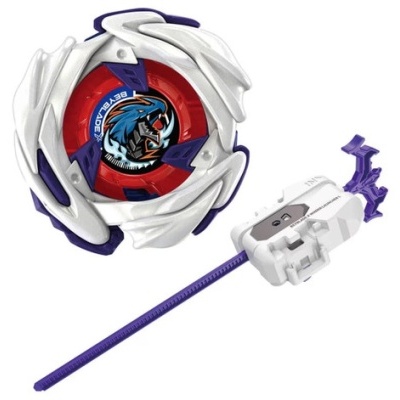 Beyblade toy with white, purple, and red colors and a blue panther emblem, with a white and purple launcher