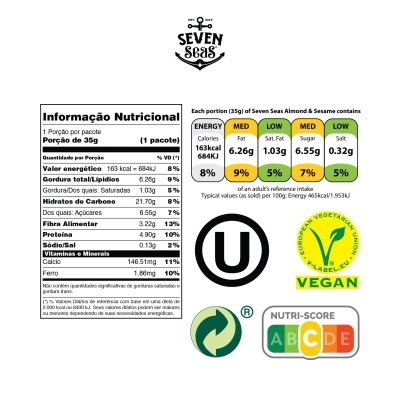 Etiqueta nutricional e símbolos da embalagem de produto alimentar com texto em português e inglês