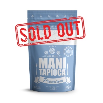 Embalagem de snack azul Mani Tapioca Premium com selo vermelho Sold Out