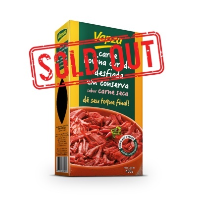 Pacote de carne desfiada em conserva Vapza 400g com selo SOLD OUT