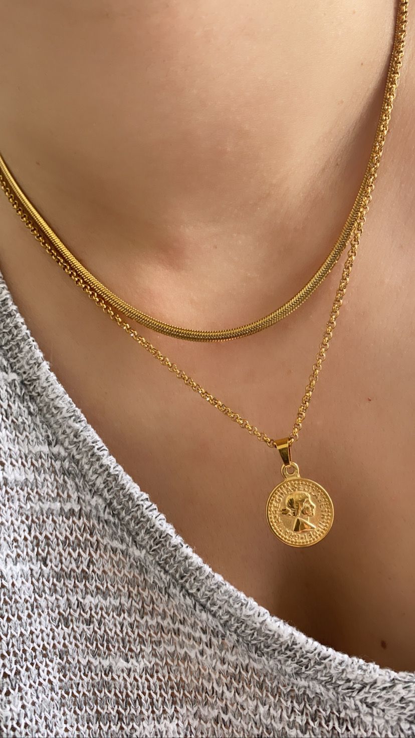 Colar dourado com duas correntes, pendente redondo com figura e camisa de malha cinza