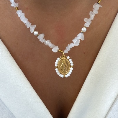 Colar pedrinhas nossa senhora azul/rosa/branco