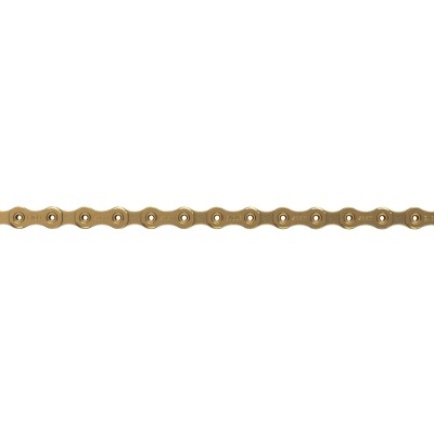 Corrente metálica para bicicleta dourada com um elo roxo