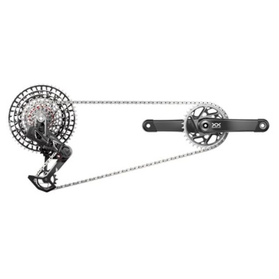 Conjunto de componentes para bicicleta com corrente, prato, cassete e desviador em preto e metal prateado