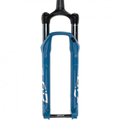 Suspensão dianteira para bicicleta azul e preta com textos brancos