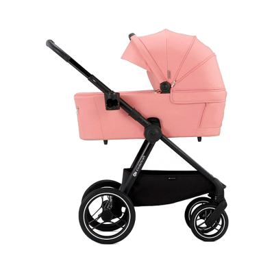 Carrinho de bebé rosa com estrutura preta e roda grande