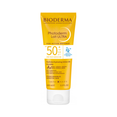 Frasco amarelo de proteção solar Bioderma Photoderm Lait ULTRA SPF 50+ 100 ml