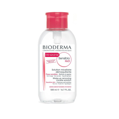Frasco plástico transparente Bioderma Sensibio H2O 500 ml com tampa rosa