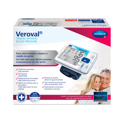 Caixa de monitor de tensão arterial digital Veroval com imagem do aparelho e casal no fundo