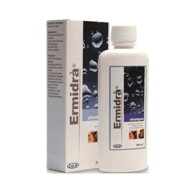 Frasco branco de champô Ermidirà com caixa e rótulo azul escuro com gotas de água