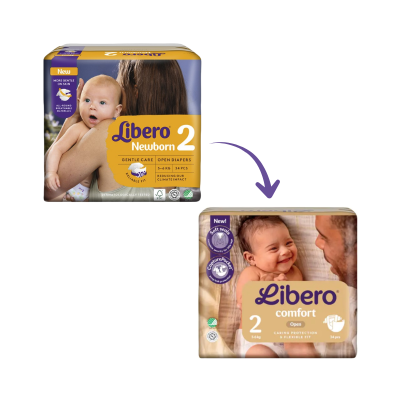 Pacotes de fraldas Libero Newborn 2 e Comfort 2 com fotos de bebés