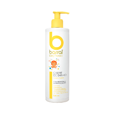 Frasco branco com doseador amarelo do Creme de Banho Barral BabyProtect 500 ml