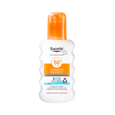 Frasco de protector solar Eucerin Kids SPF 50+ com tampa e pulverizador laranja