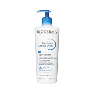 Frasco branco com tampa azul de creme hidratante Bioderma Atoderm Crème Ultra