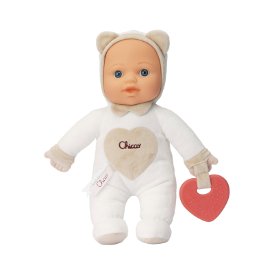 Boneco de bebé peluche branco e bege com mordedor vermelho em forma de coração