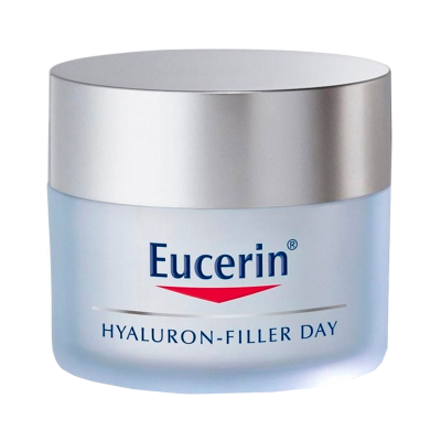 Frasco de creme Eucerin Hyaluron-Filler Day azul com tampa prateada