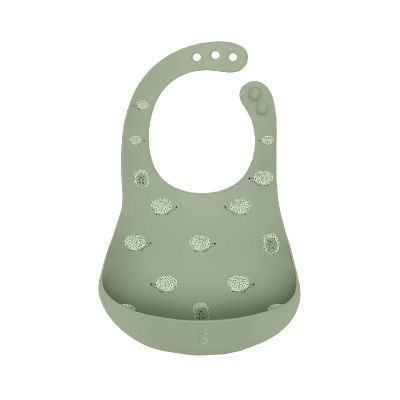 Babete de silicone verde com padrão de ouriços e bolso