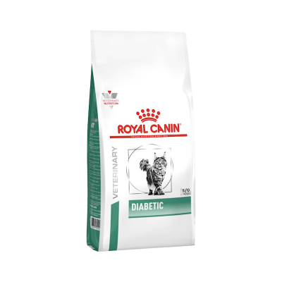Saco branco de comida para gato Royal Canin com texto DIABETIC e imagem de gato