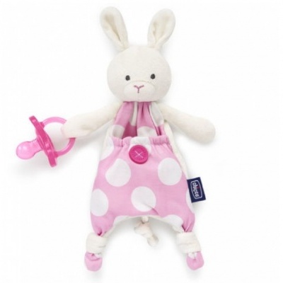 Peluche coelho branco com roupinha rosa e chupeta cor-de-rosa