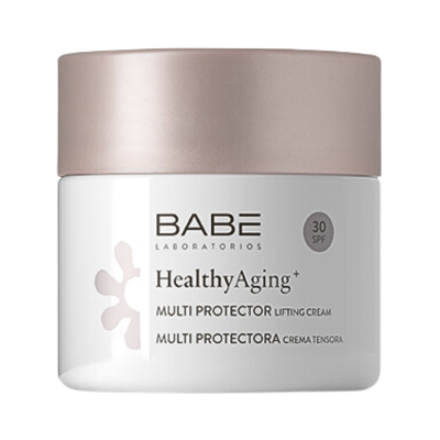 Frasco branco com tampa bege de creme facial BABE com texto informativo e SPF 30