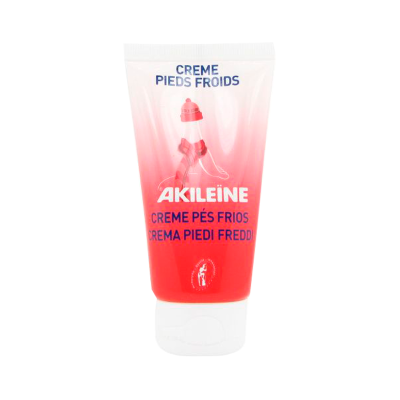 Frasco de creme para pés frios marca Akileïne em tons de vermelho e branco