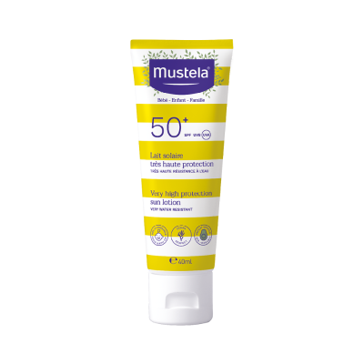 Tubo de loção solar Mustela SPF 50+ amarelo e branco 40ml