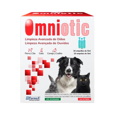 Embalagem de produto Omniotic para limpeza de ouvidos de cães, gatos e coelhos com 20 ampolas