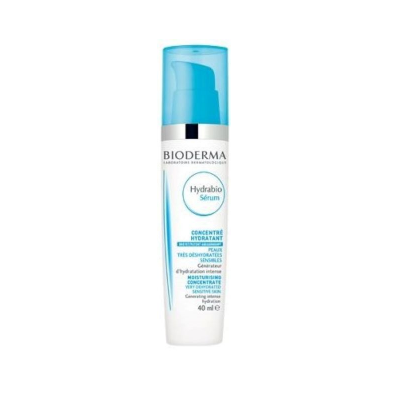 Frasco branco e azul de sérum hidratante Bioderma Hydrabio de 40 ml com doseador