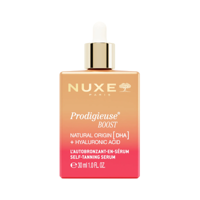 Frasco de sérum Prodigieuse Boost Nuxe com conta-gotas e texto dourado e branco