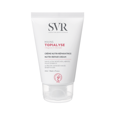 Tubo branco de creme para mãos SVR Topialyse com tampa transparente