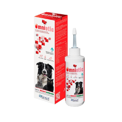 Frasco e caixa do medicamento Omniotic para limpeza de ouvidos de cães, gatos e coelhos.