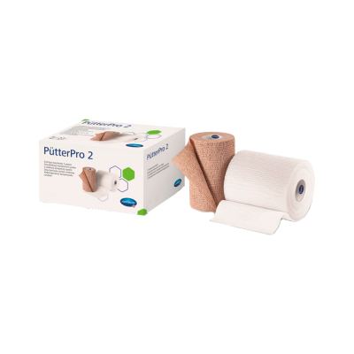 Dois rolos de bandagem e caixa PütterPro 2 em fundo branco