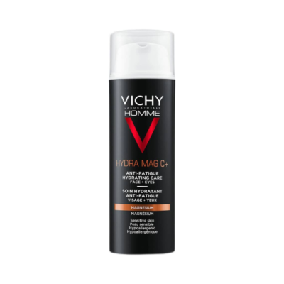 Frasco de creme VICHY HOMME Hydra Mag C+ preto com tampa transparente