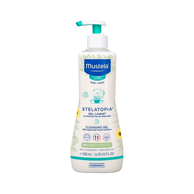 Frasco de gel de limpeza Mustela Stelatopia com doseador e decoração de girassóis
