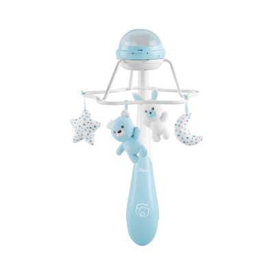 Carrilhão de berço azul com peluches e texto Chicco Good Dreams.