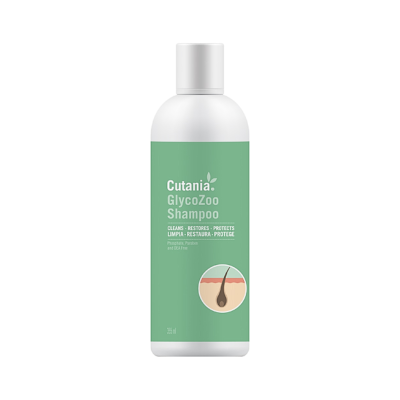 Frasco branco com rótulo verde Shampoo Cutania GlycoZoo