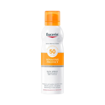 Frasco de spray solar Eucerin Sensitive Protect SPF 50 com tampa laranja