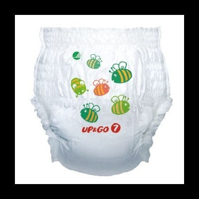 Fralda descartável infantil branca com desenhos de abelhas e texto UP&GO 7.