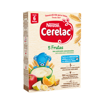 Caixa de papas para bebés Nestlé Cerelac 5 Frutas com ursinho azul e frutas desenhadas