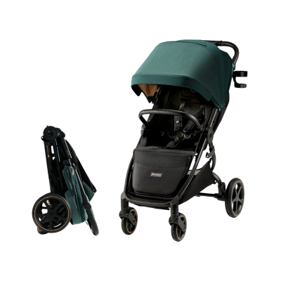 Carrinho de bebé preto com capota verde escura e carrinho dobrado na mesma cor