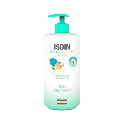Frasco branco com doseador verde de gel champô ISDIN babynaturals Nutraisdin com ilustração de abelha