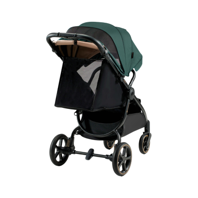 Carrinho de bebé verde escuro com estrutura preta e cesto embaixo