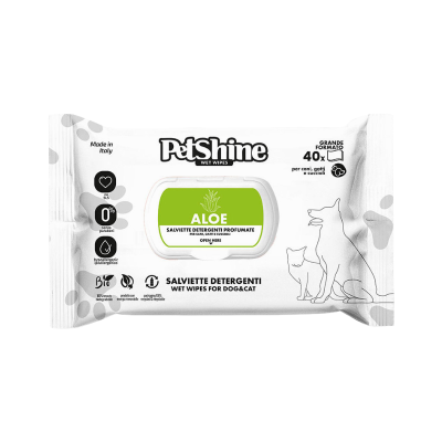 Pacote de toalhitas húmidas PetShine para cães e gatos com tampa verde e texto Aloe