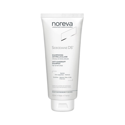 Frasco branco de plástico de shampoo anticaspa Noreva Sebodiane DS 150 ml