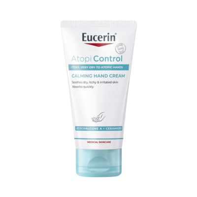 Creme de mãos Eucerin AtopiControl branco com tampa azul clara