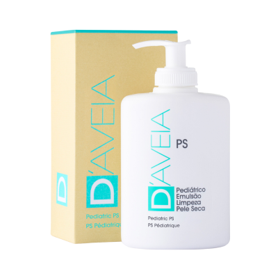 Frasco branco com tampa doseadora e caixa amarela do produto DÁveia PS Pediátrico