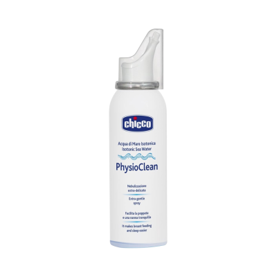 Frasco branco de spray isotónico para limpeza nasal da marca Chicco com tampa transparente.